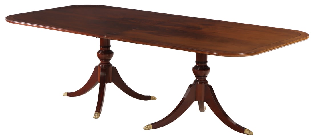 LARGE CUSTOM CROTCH MAHOGANY DOUBLE PEDESTAL DINING TABLE WITH ONE LARGE LEAF C 1940. (1 of 6)