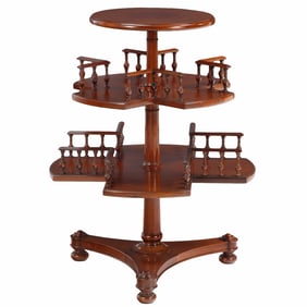 REGENCY STYLE ENGLISH MAHOGANY REVOLVING BOOKCASE WITH SPINDLED GALLERY.