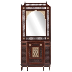 SYRIAN INLAID SINGLE DOOR CABINET WITH MIRROR HAVING FRETWORK DESIGN AND FAUX BONE INLAY. MIRROR