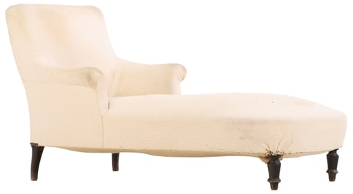 NAPOLEON III CHAISE LOUNGE C 1860 HAVING EBONIZED TURNED FEET.