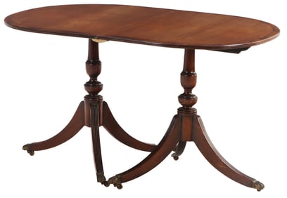 GEORGE III STYLE BANDED DOUBLE PEDESTAL DINING TABLE HAVING ONE ORIGINAL LEAF C 1920.
