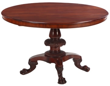 NINETEENTH CENTURY  MAHOGANY PEDESTAL TABLE HAVING A SHAPED AND CARVED CENTRAL SHAFT RAISED ON CLAW