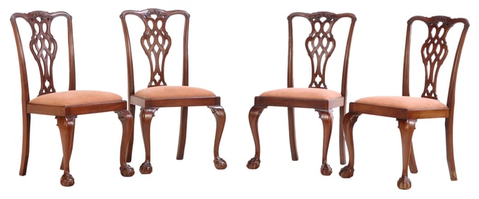FOUR SOLID MAHOGANY CHIPPENDALE STYLE SIDE CHAIRS C 1920.
