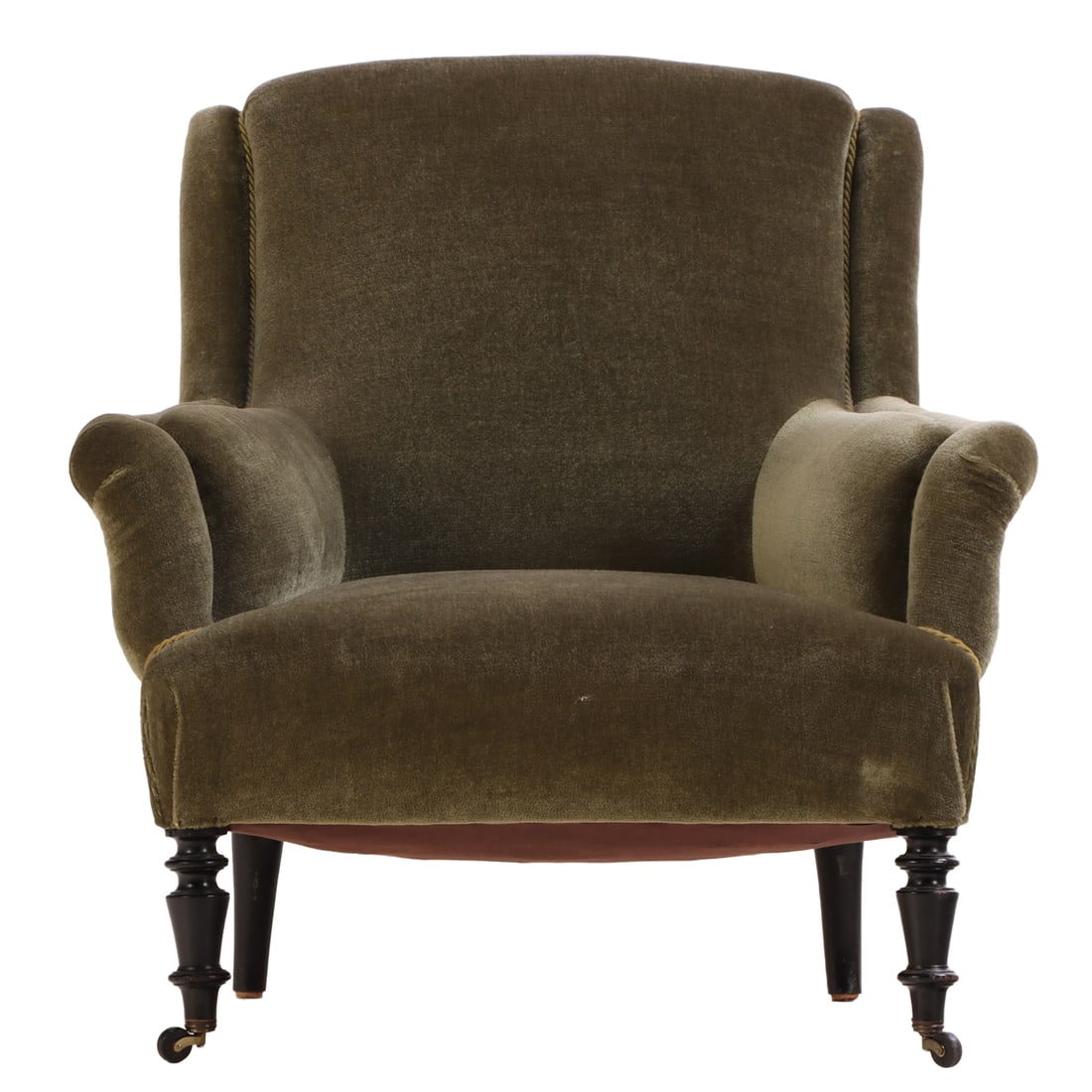 NINETEENTH CENTURY UPHOLSTERED LIBRARY CHAIR HAVING EBONIZED TURNED FEET (1 of 6)