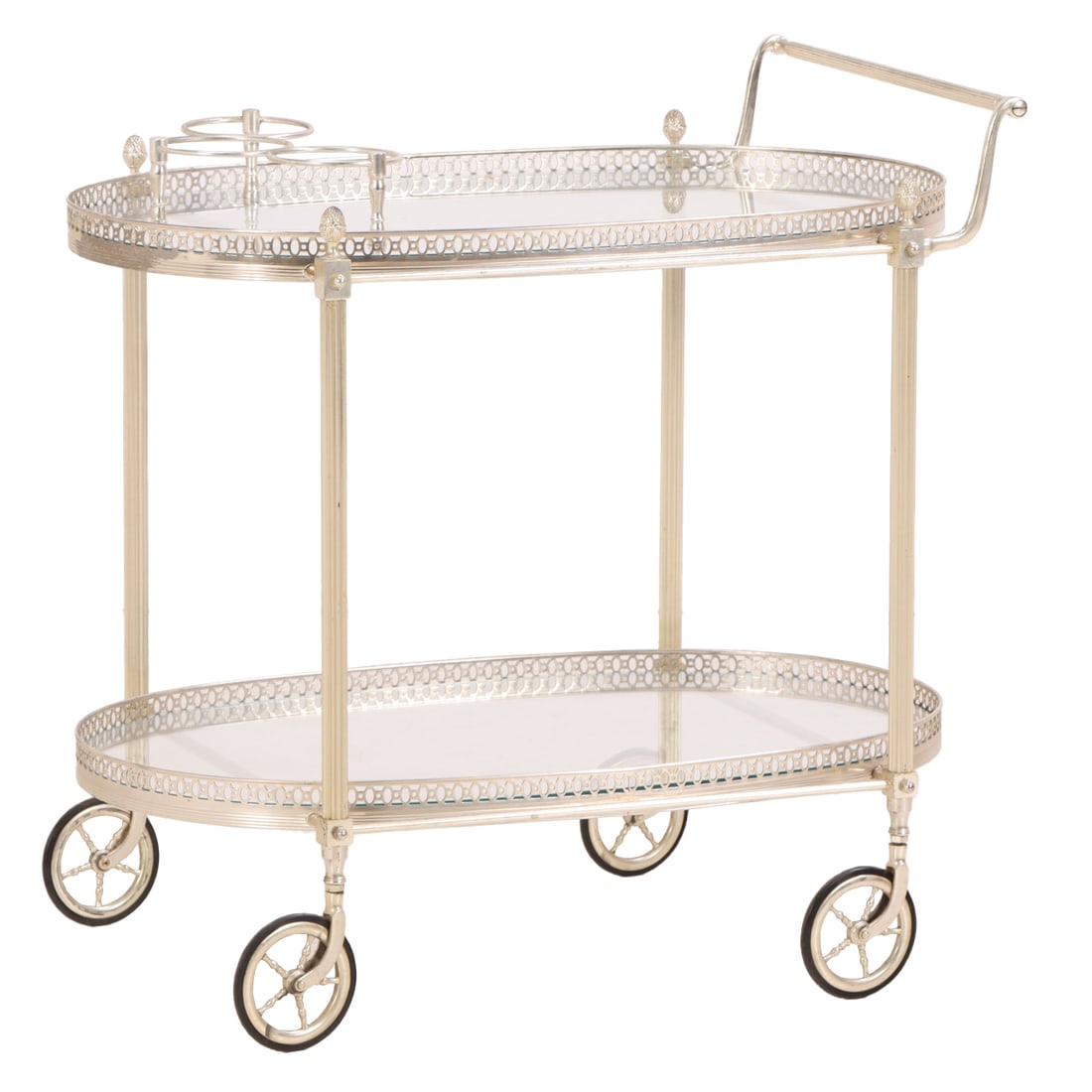 SILVER PLATE BAR CART WITH THREE BOTTLE HOLDERS C 1950.: Silver plate bar cart with three bottle holders C 1950. Ht: 28" Wd: 28" Dpth: 19"