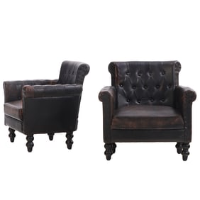 PAIR ENGLISH STYLE LEATHER CLUB CHAIRS WITH BUTTON BACK UPHOLSTERY.