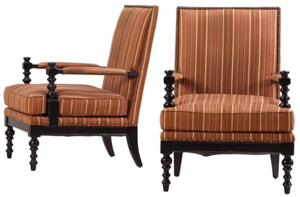 PAIR OF NAPOLEON III STYLE SPOOL TURNED UPHOLSTERED OPEN ARM CHAIRS.