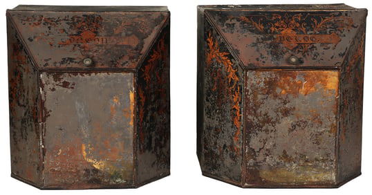 A PAIR OF LARGE FLOOR SIZED VICTORIAN PAINTD TIN DECORATED TEA TINS.