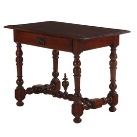CONTINENTAL EIGHTEENTH CENTURY TURNED WALNUT TABLE HAVING A SINGLE DRAWER.