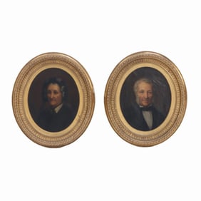 A PAIR OF EUROPEAN SCHOOL OIL ON CANVAS PORTRAIT PAINTINGS IN OVAL GOLD GILT FRAMES C 1880.