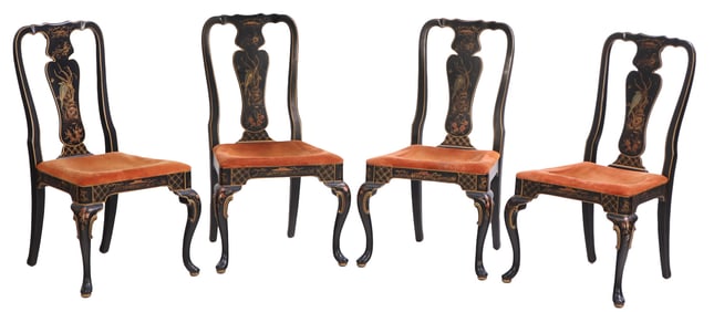 FOUR CHINOISERIE DECORATED QUEEN ANNE STYLE SIDE CHAIRS BY HICKORY