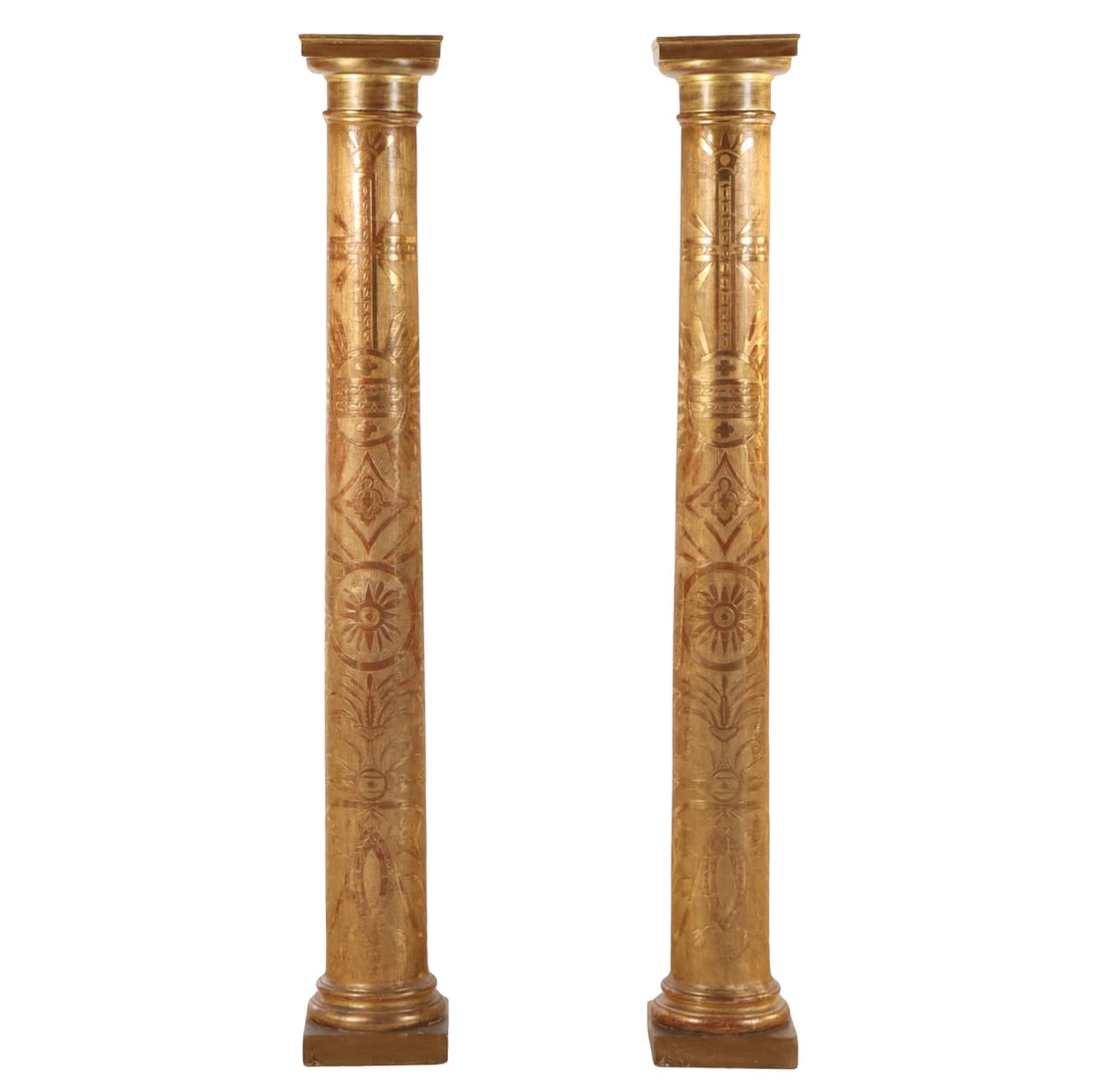 PAIR OF GILTWOOD COLUMNS HAVING INCISED DETAILS C 1920.