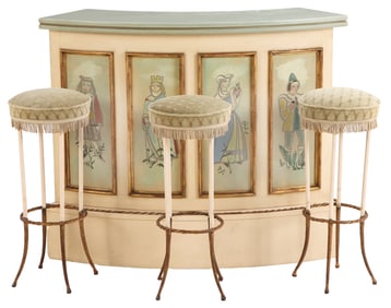 AN ITALIAN PAINT DECORATED BAR COUNTER WITH THREE PAINTED IRON BAR STOOLS C 1955.