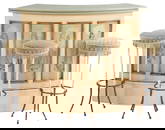 AN ITALIAN PAINT DECORATED BAR COUNTER WITH THREE PAINTED IRON BAR STOOLS C 1955.