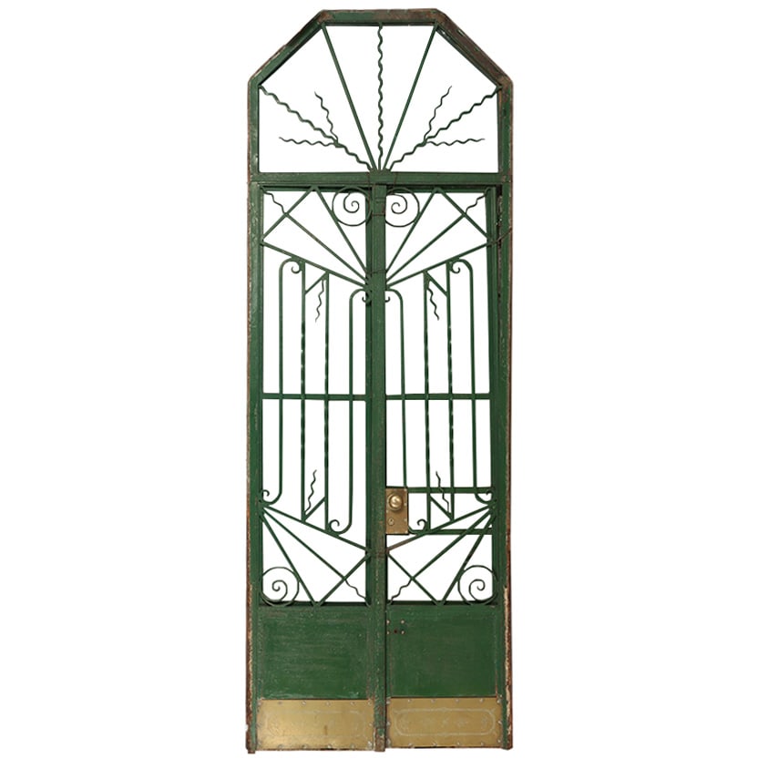 A PAIR OF ART DECO IRON GATES WITH TRANSOM AND FRAME C 1930. (1 of 5)