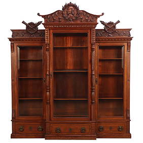 AMERICAN VICTORIAN CARVED MAHOGANY BEVELED GLASS BOOKCASE WITH REMOVABLE CRESTS C 1890. (1 of 8)