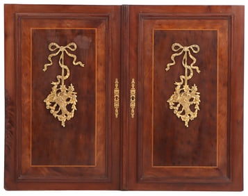 PAIR FRENCH WALNUT BRONZE MOUNTED CABINET DOORS C 1920.