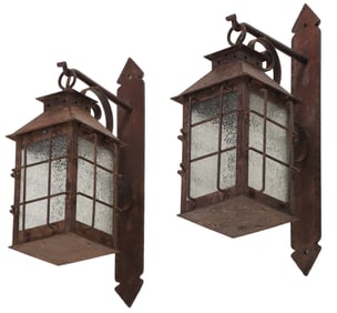 PAIR OF ARTS AND CRAFTS IRON LANTERNS WITH PEBBLE GLASS C 1950.
