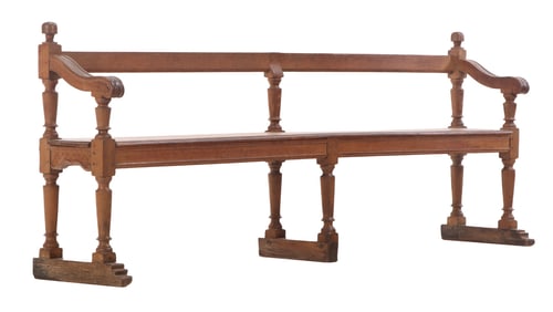 NINETEENTH CENTURY FRENCH TURNED OAK BENCH WITH OPEN BACK.