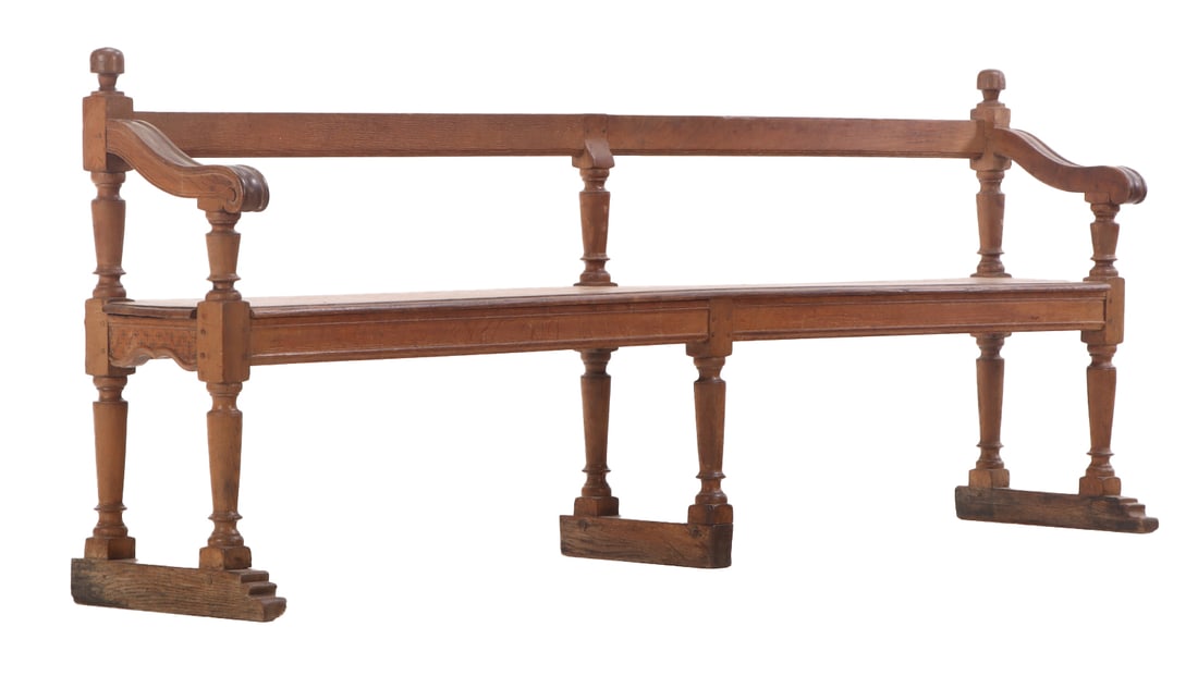 NINETEENTH CENTURY FRENCH TURNED OAK BENCH WITH OPEN BACK. (1 of 6)