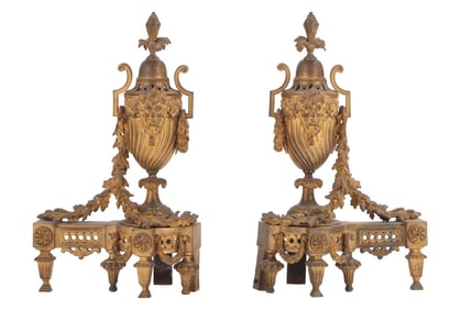 PAIR OF FRENCH GILT BRONZE URN FORM CHENETS C 1910.