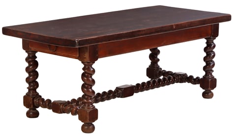 A SUBSTANTIAL FRENCH OAK FARM TABLE HAVING TWIST LEGS AND A SINGLE DRAWER C 1900.