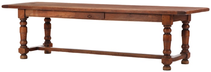 A SUBSTANTIAL FRENCH OAK FARM TABLE HAVING A SINGLE DRAWER C 1910.