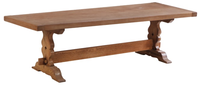 LARGE AND SUBSTANTIAL FRENCH OAK SLAB TOP TABLE C 1920. SOME WARPAGE IN TOP.