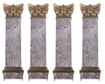 FOUR 84" FLUTED MARBLE AND BRONZE PILASTERS RECENTLY REMOVED FROM A PENTHOUSE APARTMENT IN
