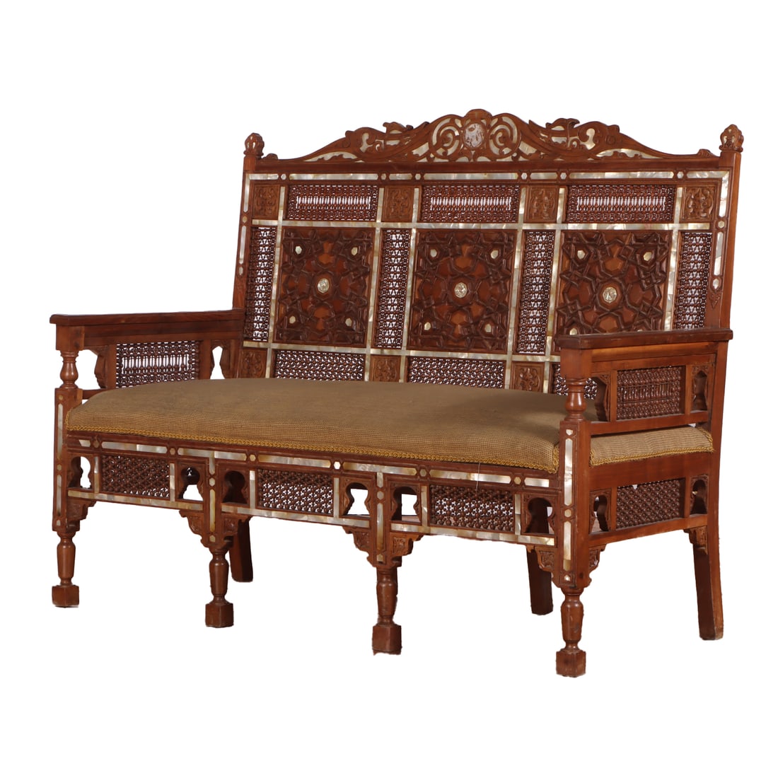 SYRIAN THREE SEAT UPHOLSTERED SOFA HAVING STICK AND BALL MOTIFS WITH INLAYS OF MOTHER OF PEARL AND: Syrian three seat upholstered sofa having stick and ball motifs with inlays of mother of pearl and various other woods. Ht: 45" Wd: 56" Dpth: 27" Seat: 18"