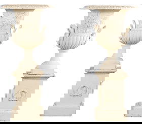 48" PAIR OF PAINTED CAST IRON GARDEN URNS WITH HANDLES ON DECORATED PEDESTALS.: 48" Pair of painted cast iron garden urns with handles on decorated pedestals. Ht: 48.75" Wd: 22.5" Dpth: 22.5"