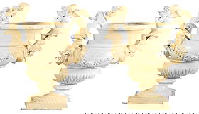 38" PAIR OF PAINTED CAST IRON GARDEN URNS HAVING CUPID HANDLES AND FLORAL SWAGS.: 38" pair of painted cast iron garden urns having Cupid handles and floral swags. Ht: 37.5" Wd: 31.25" Dpth: 18.5"