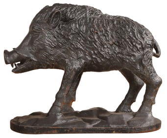 CAST IRON GARDEN SCULPTURE OF A STANDING BOAR.