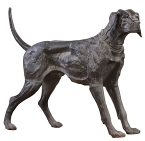 A PAINTED CAST IRON GARDEN SCULPTURE OF AN ALERT HOUND DOG.