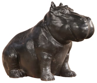 PAINTED CAST IRON GARDEN SCULPTURE OF A SEATED HIPPO.