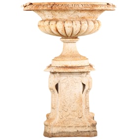 58" TALL CLASSICAL CAST IRON GARDEN URN ON SEPERATE BASE.