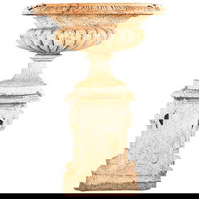 58" TALL CLASSICAL CAST IRON GARDEN URN ON SEPERATE BASE.: 58" tall Classical cast iron garden urn on seperate base. Ht: 58.75" Wd: 43.5" Dpth: 41.5"