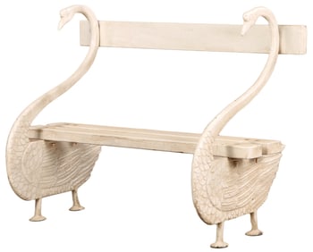 PAINTED CAST IRON SWAN GARDEN BENCH HAVING WOOD SLAT SEAT.