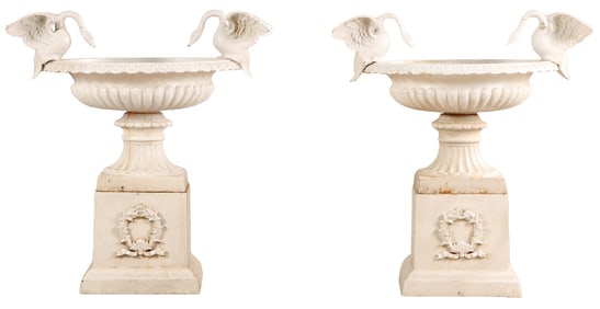 42" PAIR OF PAINTED CAST IRON VICORIAN STYLE GARDEN URNS WITH ELEGANT SWAN HANDLES RESTING ON A