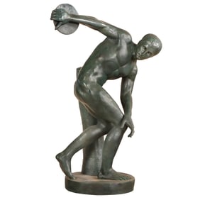 PAINTED CAST BRONZE SCULPTURE DEPICTING THE DISCUSS THROWER, AFTER THE ANTIQUE.