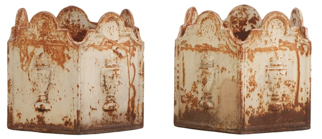 PAIR OF CAST IRON TABLE TOP PLANTERS HAVING RAISED URN DECORATION.