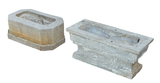 TWO BELGIAN BLUE STONE GARDEN URNS WITH DRAINAGE HOLES C 1900.