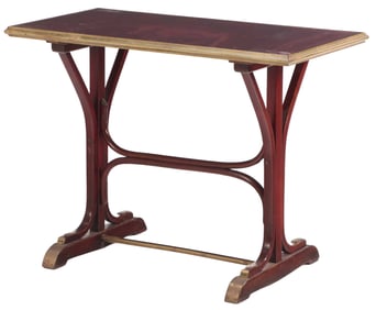FRENCH BENTWOOD AND BRASS BISTRO TABLE HAVING A FAUX MARBLE LAMINATE TOP.