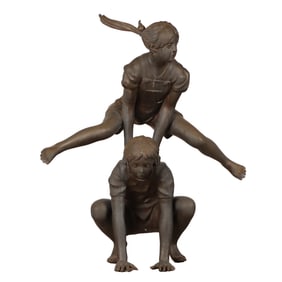 45" BRONZE SCULPTURE DEPICTING A BROTHER AND SISTER PLAYING LEAP FROG.