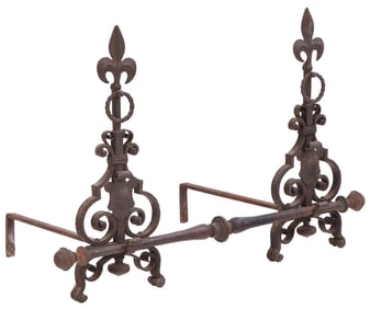 PAIR WROUGHT IRON ANDIRONS WITH CROSS BAR C 1920.