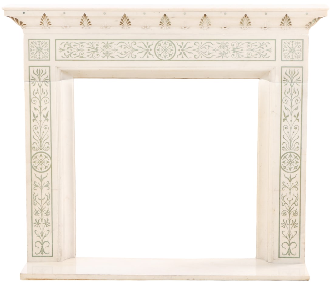 INLAID MARBLE FIREPLACE(4PCS): Inlaid marble fireplace(4pcs) Interior- Ht: 34.5", Wd: 38.5", Dpth: 5.75". Ht: 49" Wd: 58.5" Dpth: 8.5"