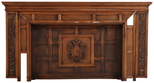 MAHOGANY RELIEF CARVED OVERMANTLE C 1890. COULD BE RECONFIGURED AS A MANTLE AND AN EXTRA PANEL.