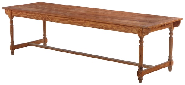 LARGE NINETEENTH CENTURY PITCH PINE TABLE HAVING TURNED LEGS AND H STRETCHER.