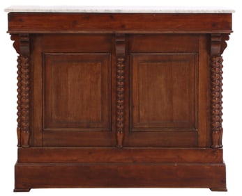 NINETEENTH CENTURY PINE MARBLE TOP FRONT BAR HAVING SPOOL TURNED COLUMNS.