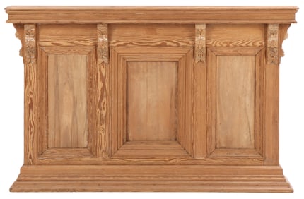 NINETEENTH CENTURY PINE FRONT BAR HAVING A WOOD TOP AND CARVED CORBELS.